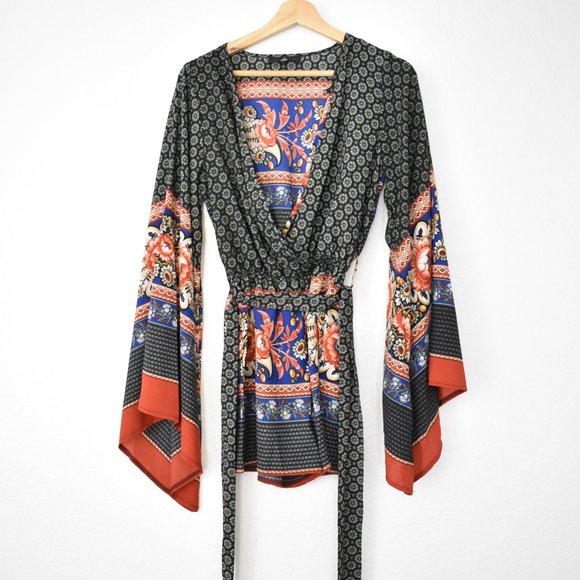 Missguided Mixed Print Bell Sleeve Wrap Romper - Picture 2 of 12